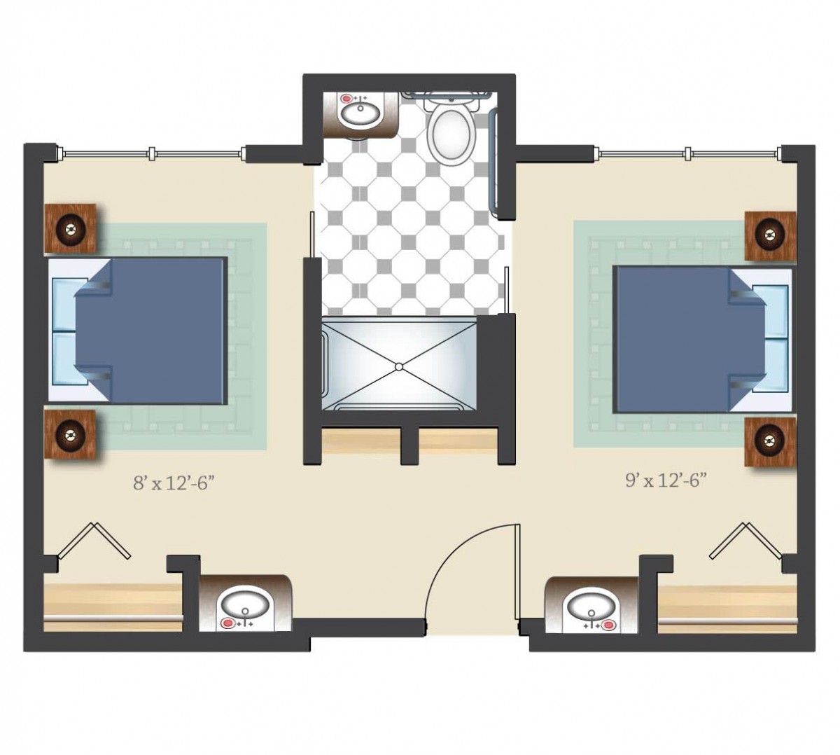 A floor plan of an apartment featuring two bedrooms and a shared bathroom.