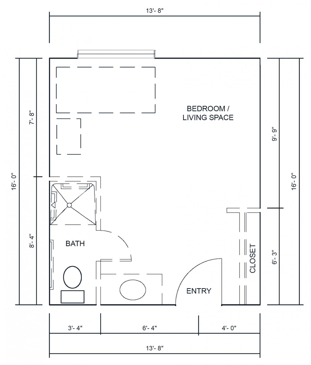 A floor plan of a studio apartment featuring a combined bedroom/living area and a bathroom.