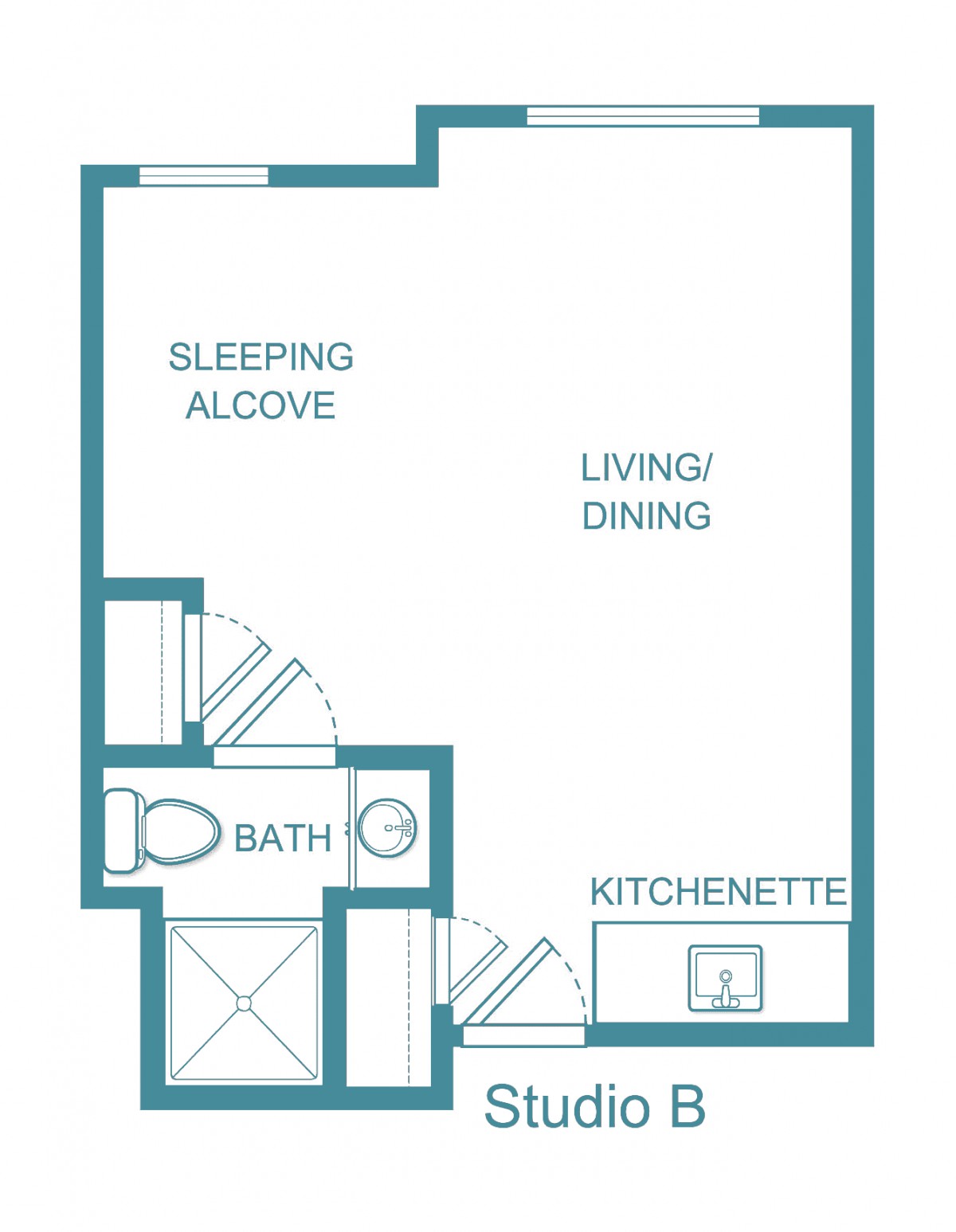 A floor plan design of a studio apartment featuring a living/dining area, kitchenette, sleeping alcove, and bathroom.
