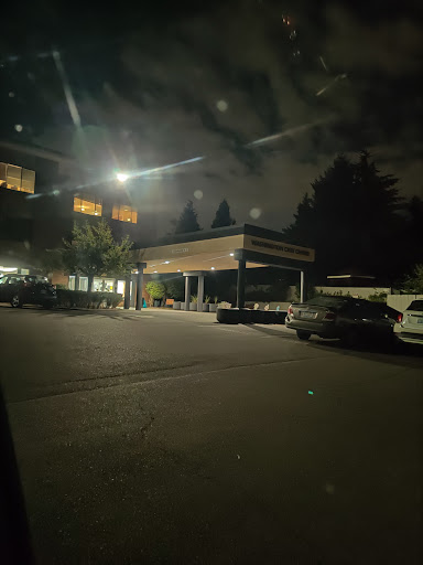 A quiet street scene at night with illuminated buildings and parked cars.