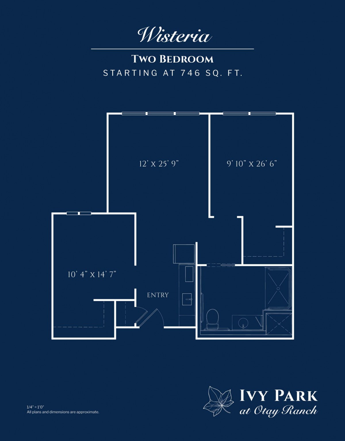 A two-bedroom apartment floor plan with labeled rooms and dimensions.