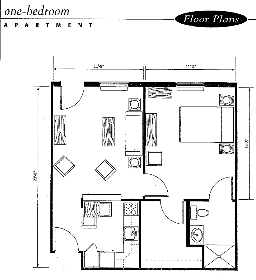 A one-bedroom apartment floor plan showing the layout of rooms and furniture arrangement.