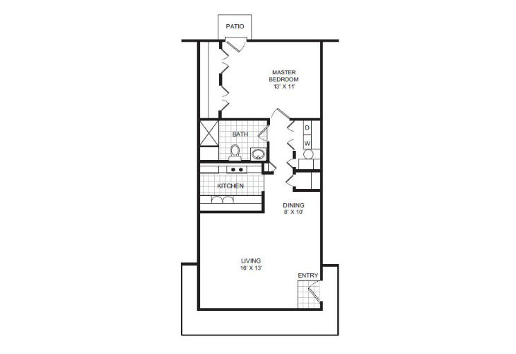 A schematic floor plan of an apartment unit, showing the arrangement of rooms and spaces.