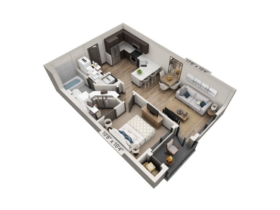 3D floor plan of a modern one-bedroom apartment, featuring a living room, kitchen, and bathroom.