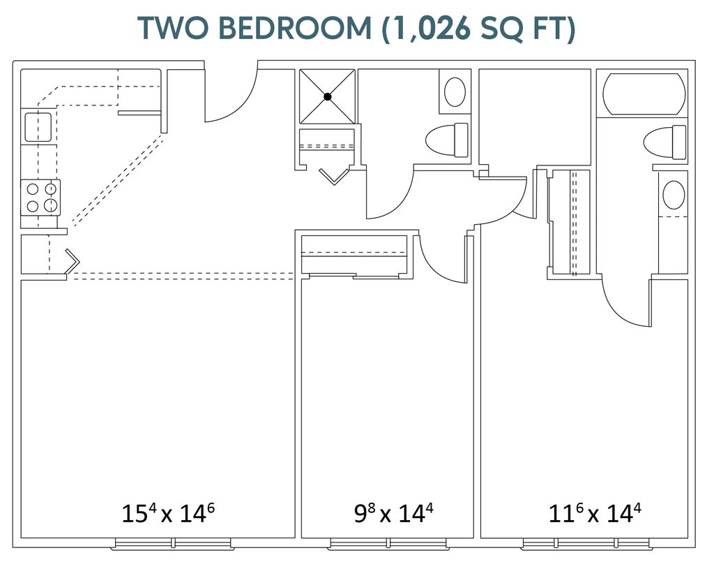 Two-bedroom apartment floor plan with a total area of 1,026 square feet.