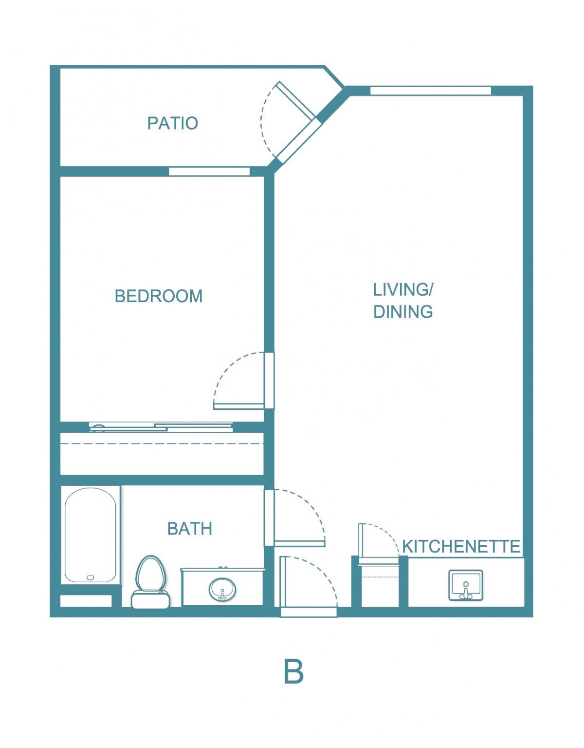 Simple floor plan of a one-bedroom apartment with living room, kitchenette, bathroom, and patio.
