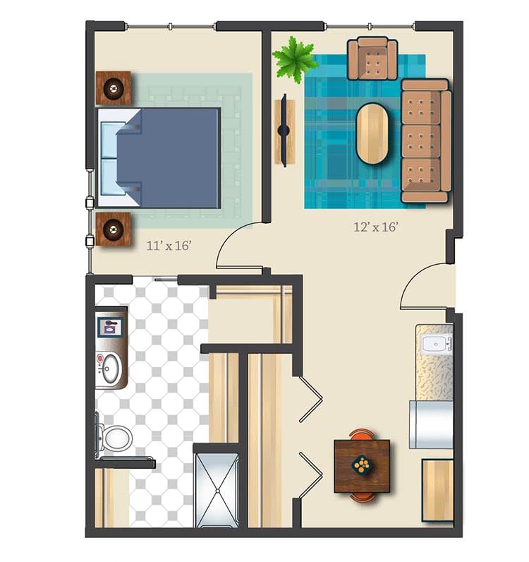 A simple floor plan of an apartment showing a bedroom, living room, kitchen, and bathroom.