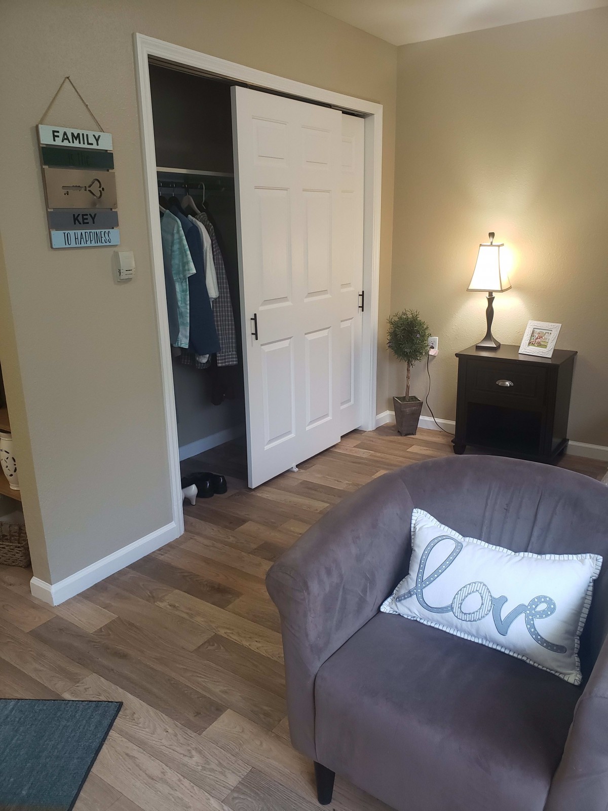 Cozy living room with a chair and decorative pillow, featuring a closet and a lit lamp on a side table.