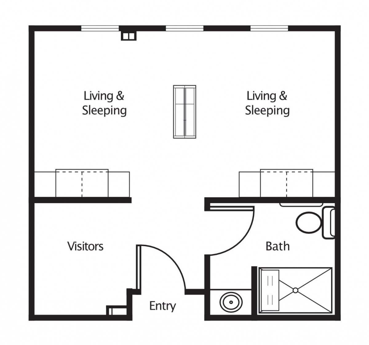 Studio apartment floor plan with living and sleeping areas, a bathroom, entrance, and visitor space.