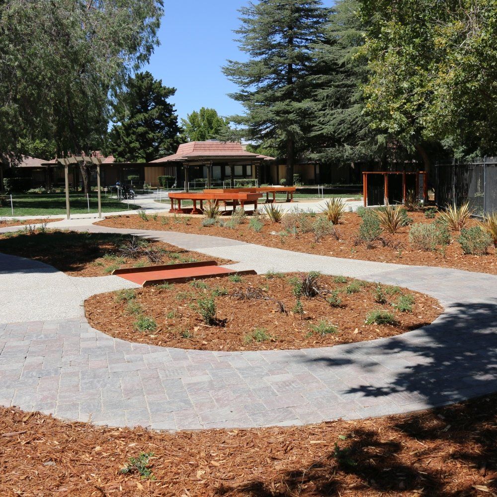 A landscaped garden with a winding pathway and surrounding trees.