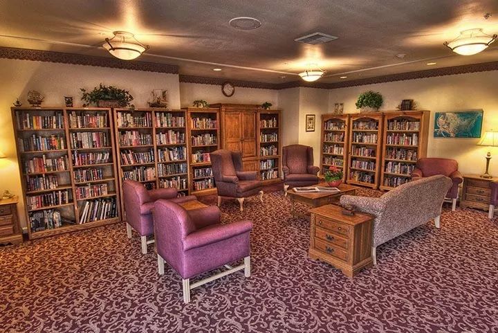 A cozy library reading room with bookshelves, armchairs, and a patterned carpet.