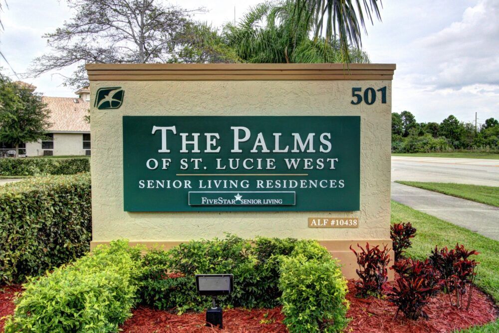 Sign for The Palms of St. Lucie West Senior Living Residences in Florida.