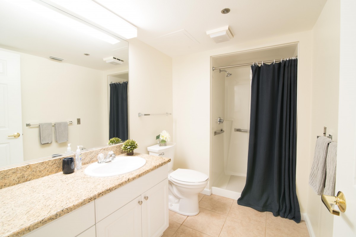 Modern bathroom with a shower, sink, and toilet.
