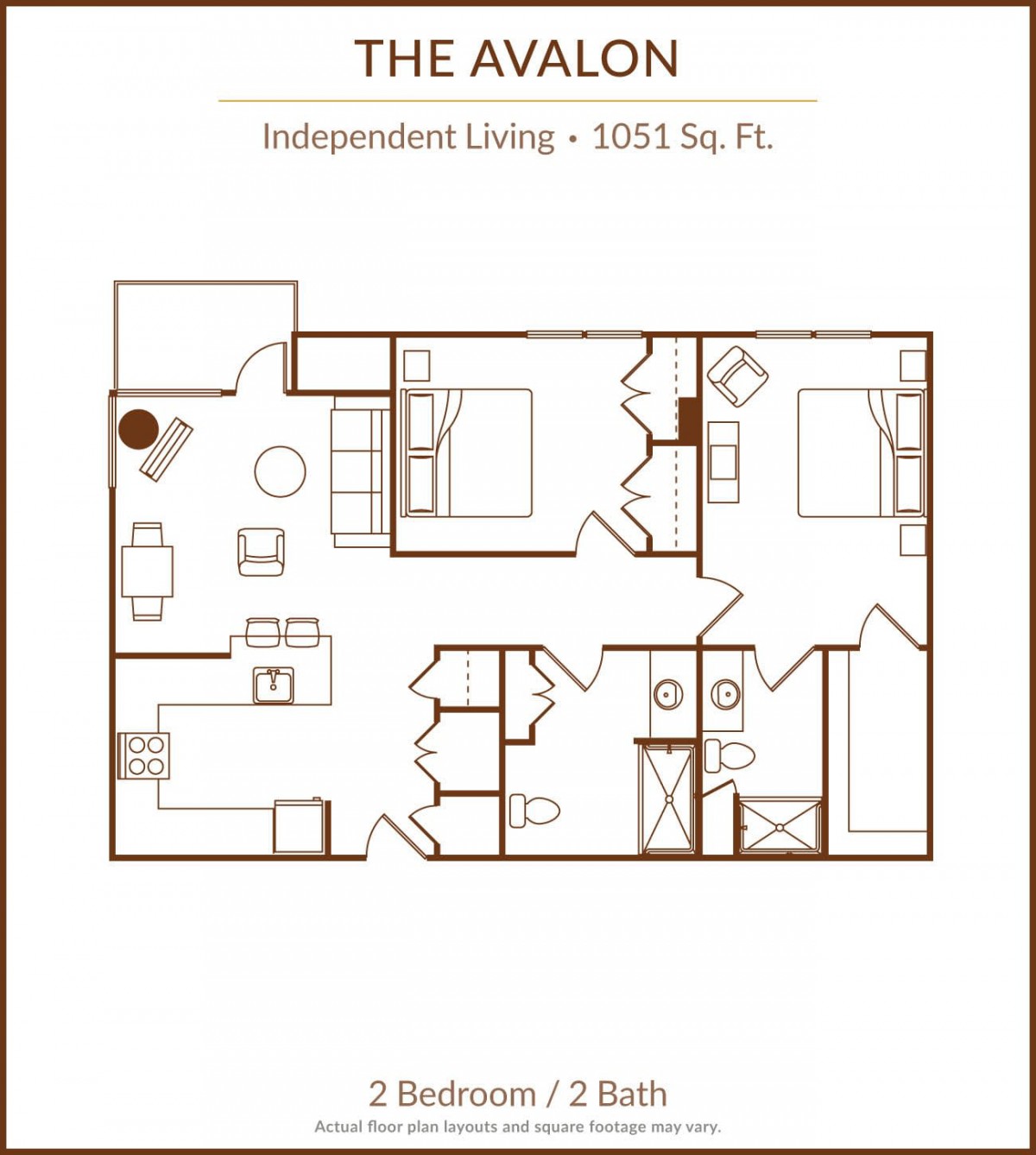 The Avalon Independent Living floor plan with 2 bedrooms and 1.5 baths covering 1035 sq. ft.
