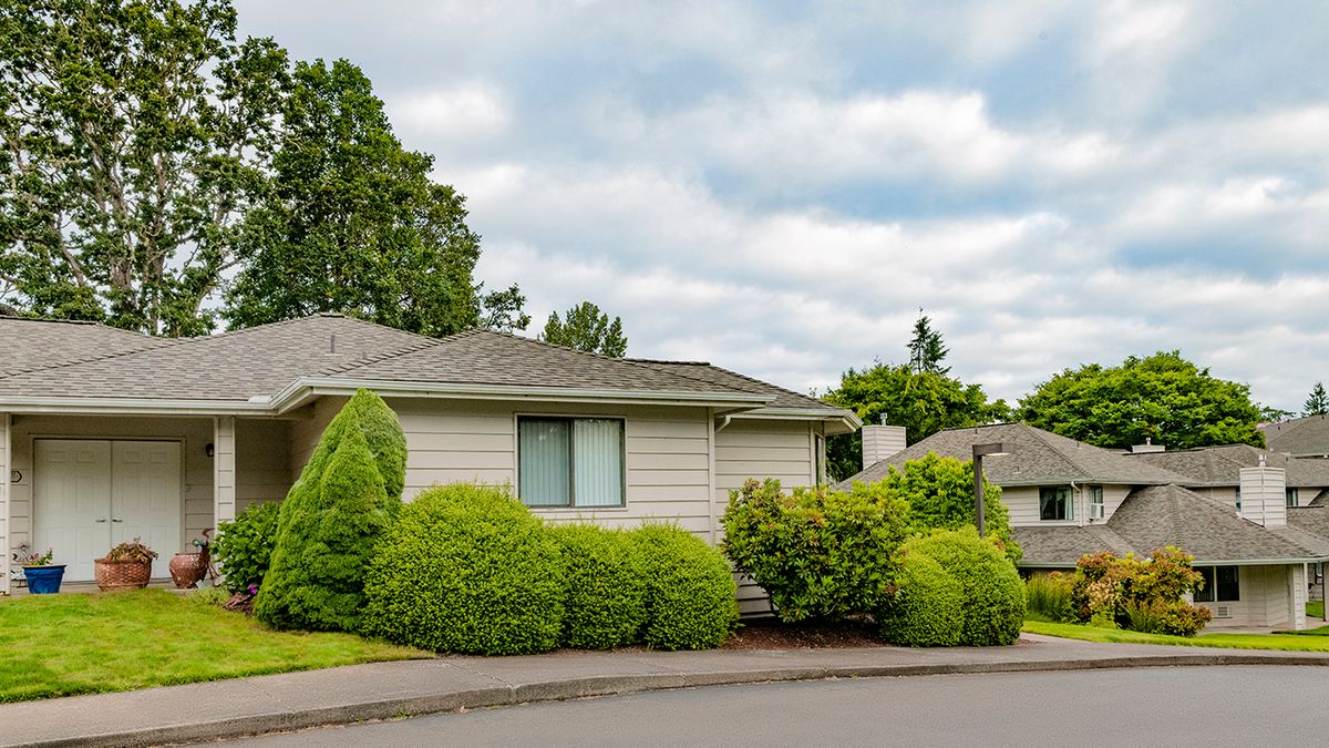 A suburban house with a lush garden and cloudy sky.