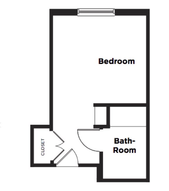 A simple floor plan showing a layout with one bedroom, a bathroom, and a closet.