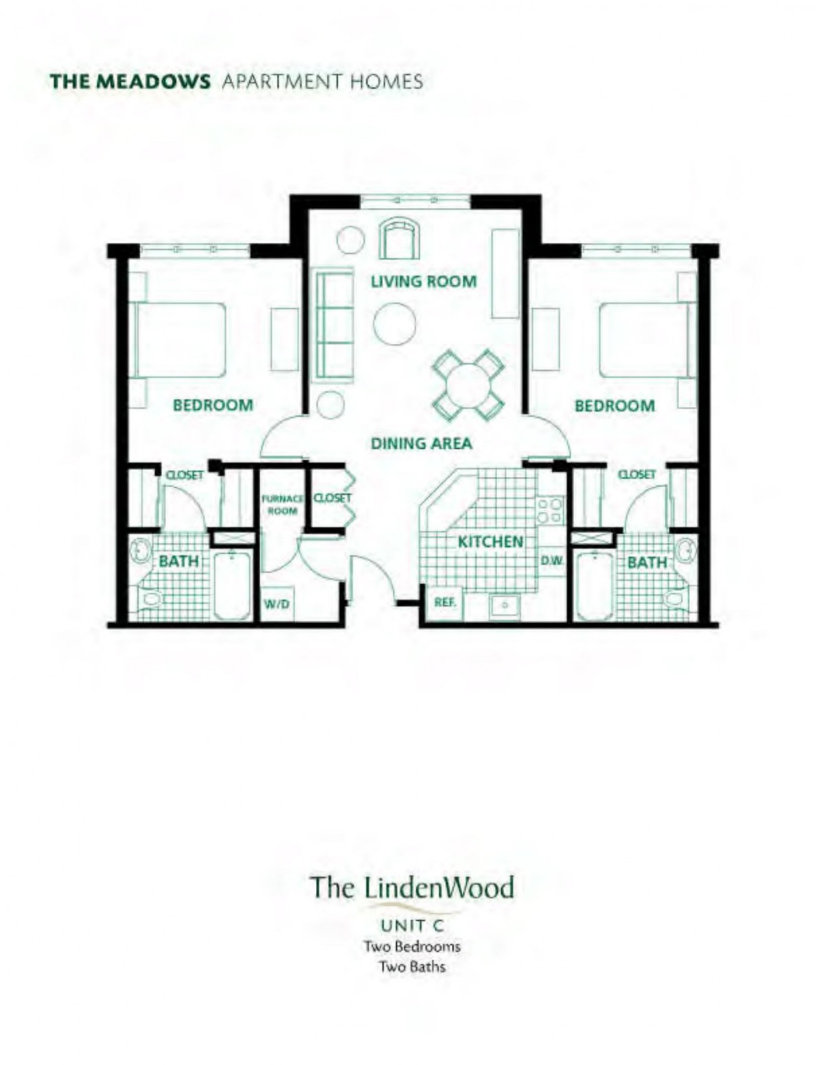 Floor plan of a two-bedroom apartment with living room, kitchen, and dining area.