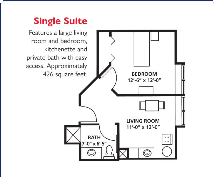 A floor plan of a single suite featuring a living room, bedroom, kitchenette, and bathroom.