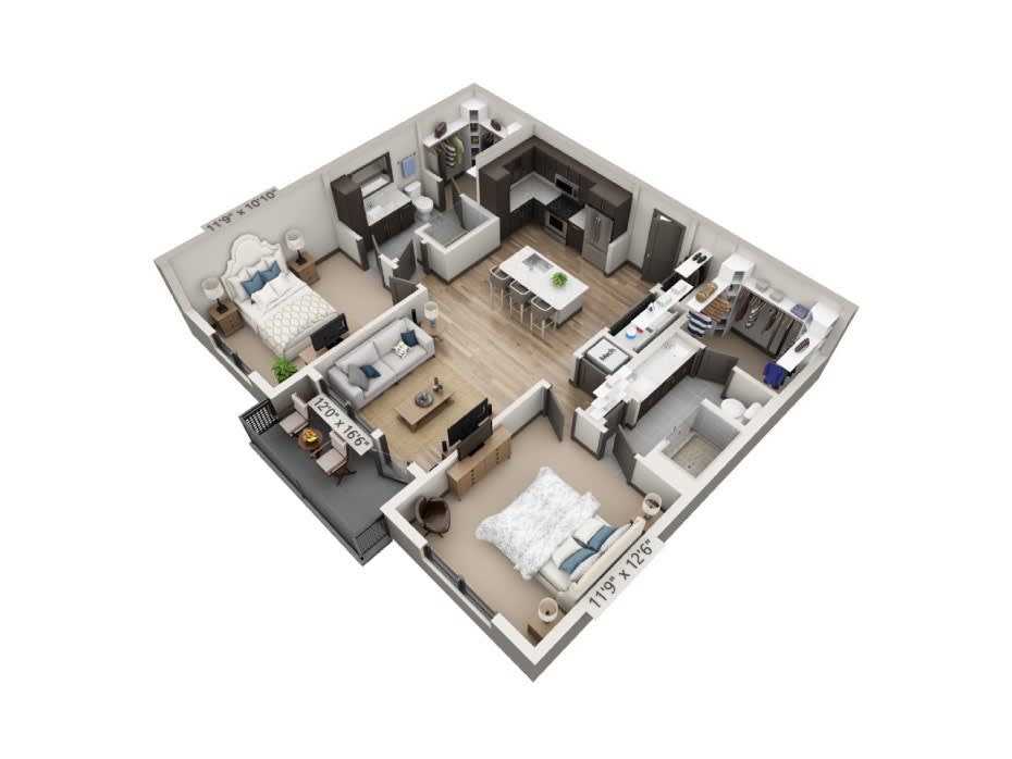 A modern 3D floor plan of a two-bedroom apartment featuring a spacious living area, kitchen, and bathrooms.