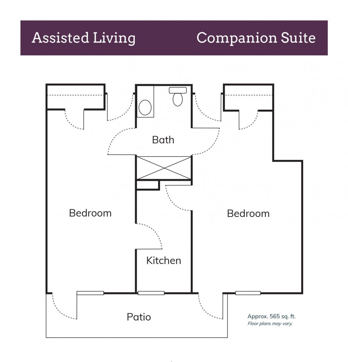 Floor plan of an assisted living companion suite with two bedrooms, a kitchen, and a bathroom.