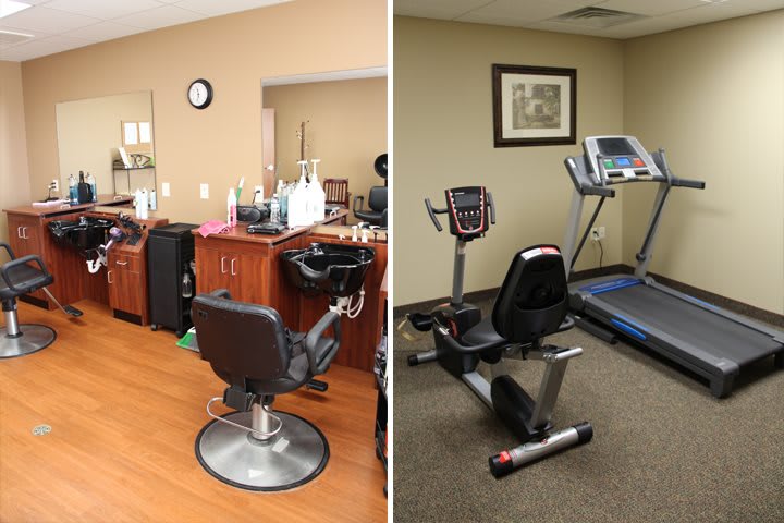 Side-by-side view of a barber shop and a fitness room with exercise equipment.