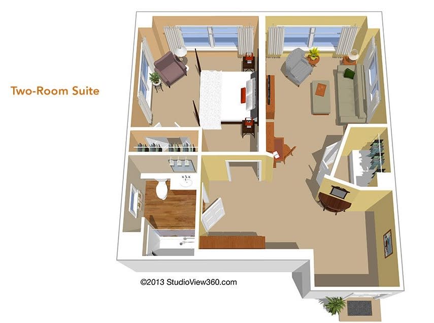 3D floor plan of an apartment with a bedroom suite and living area.