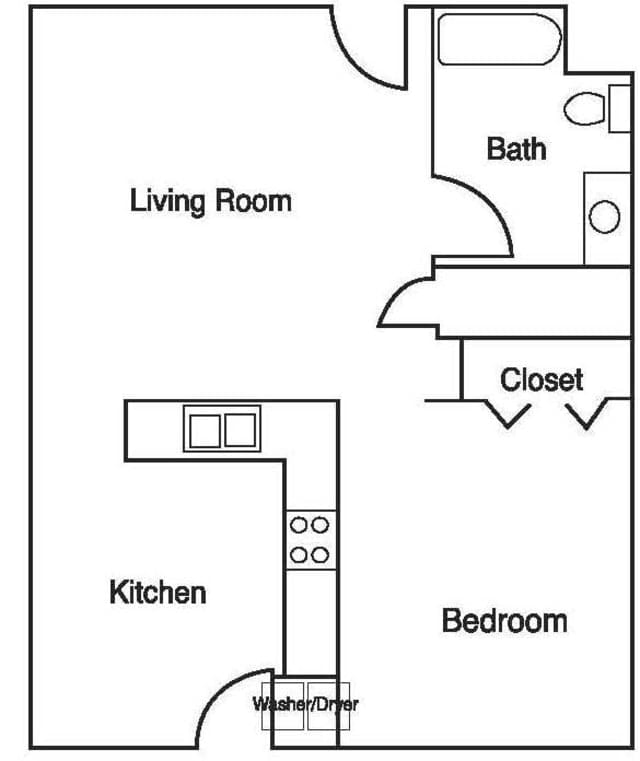 A floor plan of a one-bedroom apartment with a living room, kitchen, bathroom, and closet.