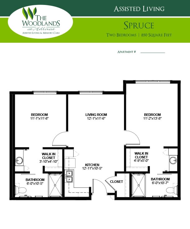 A floor plan of a two-bedroom apartment, labeled 'Spruce', featuring bedrooms, bathrooms, and living spaces.