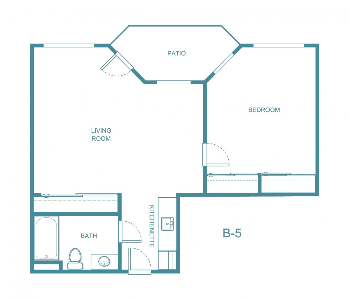A floor plan of a one-bedroom apartment, including living room, kitchen, bathroom, and patio.