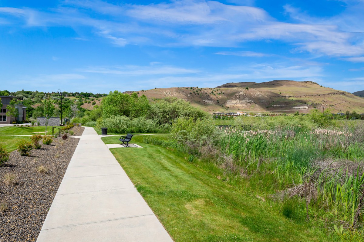 A scenic pathway through a grassy area with rolling hills and a bright blue sky.