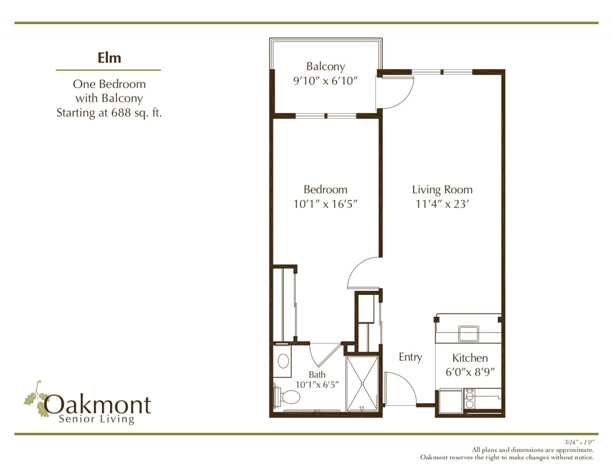 One-bedroom apartment floor plan with a balcony.