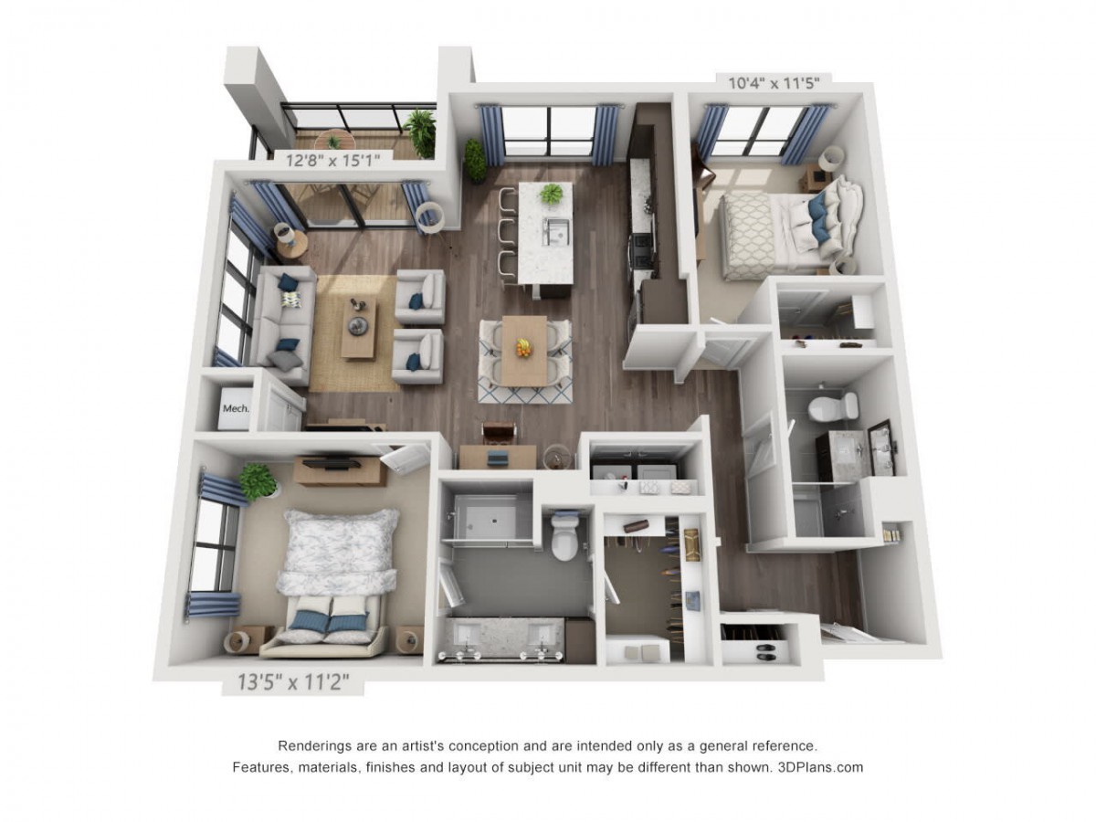 3D floor plan of a modern apartment featuring two bedrooms, a kitchen, living area, and bathrooms.