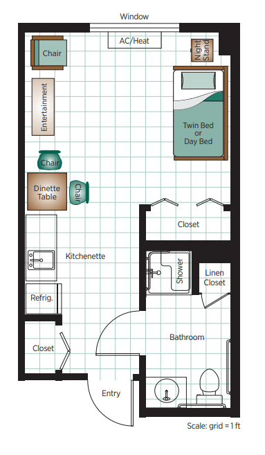 A floor plan showcasing a compact apartment layout with a bedroom, bathroom, kitchenette, and dining area.