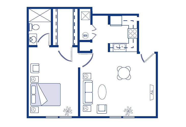 A minimalist floor plan of a one-bedroom apartment, featuring a kitchen, bathroom, and living room.