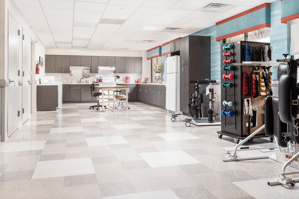 A modern gym interior with exercise equipment and weights neatly arranged.