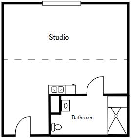 Floor plan layout of a studio apartment with a bathroom.