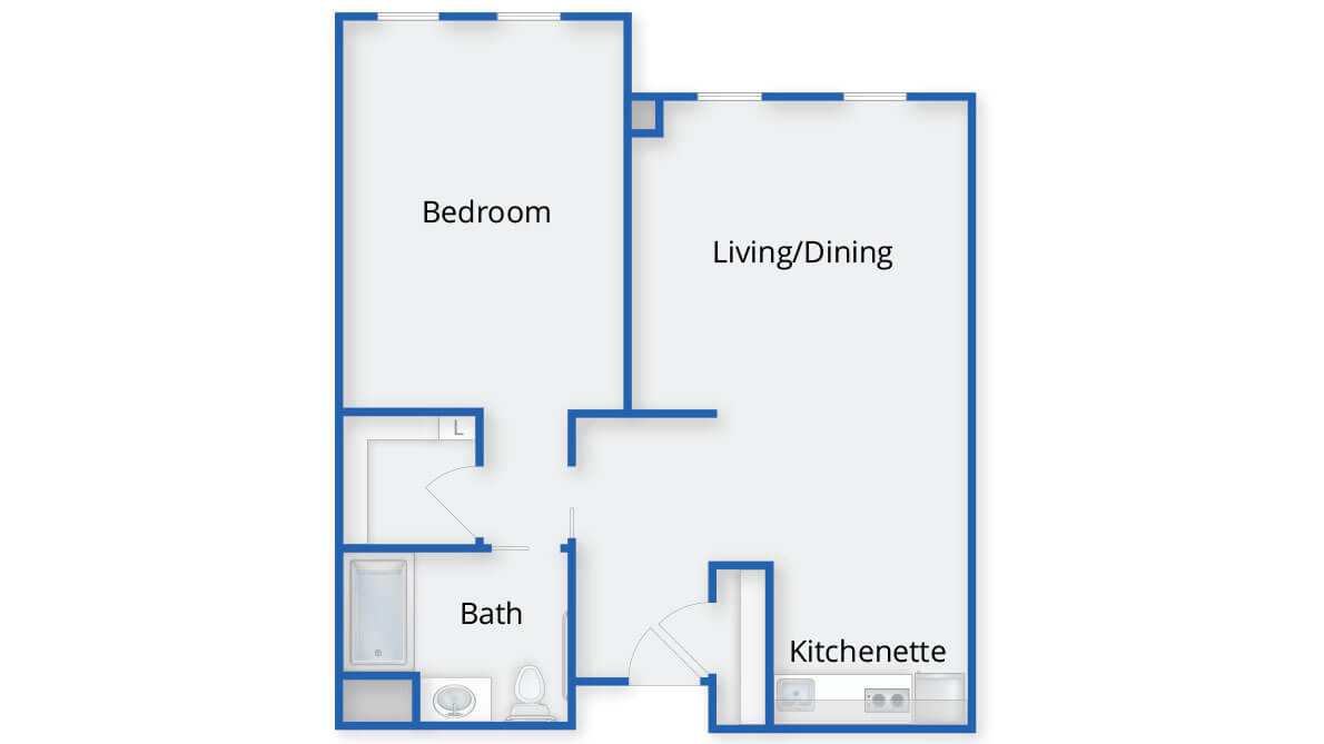 A one-bedroom apartment floor plan with labeled areas for Living/Dining, Bedroom, Bath, and Kitchenette.