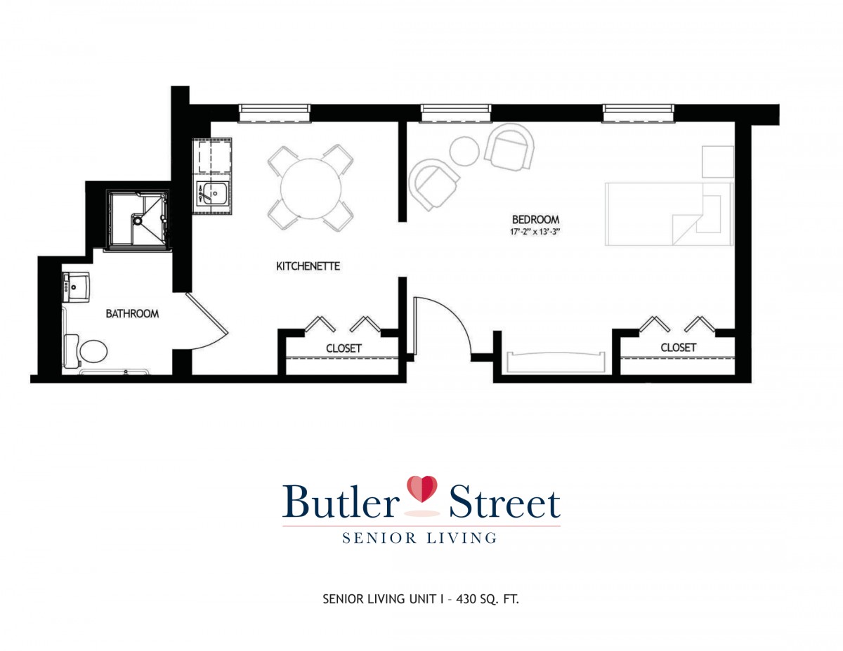 Floor plan of a studio apartment for Butler Street Senior Living.