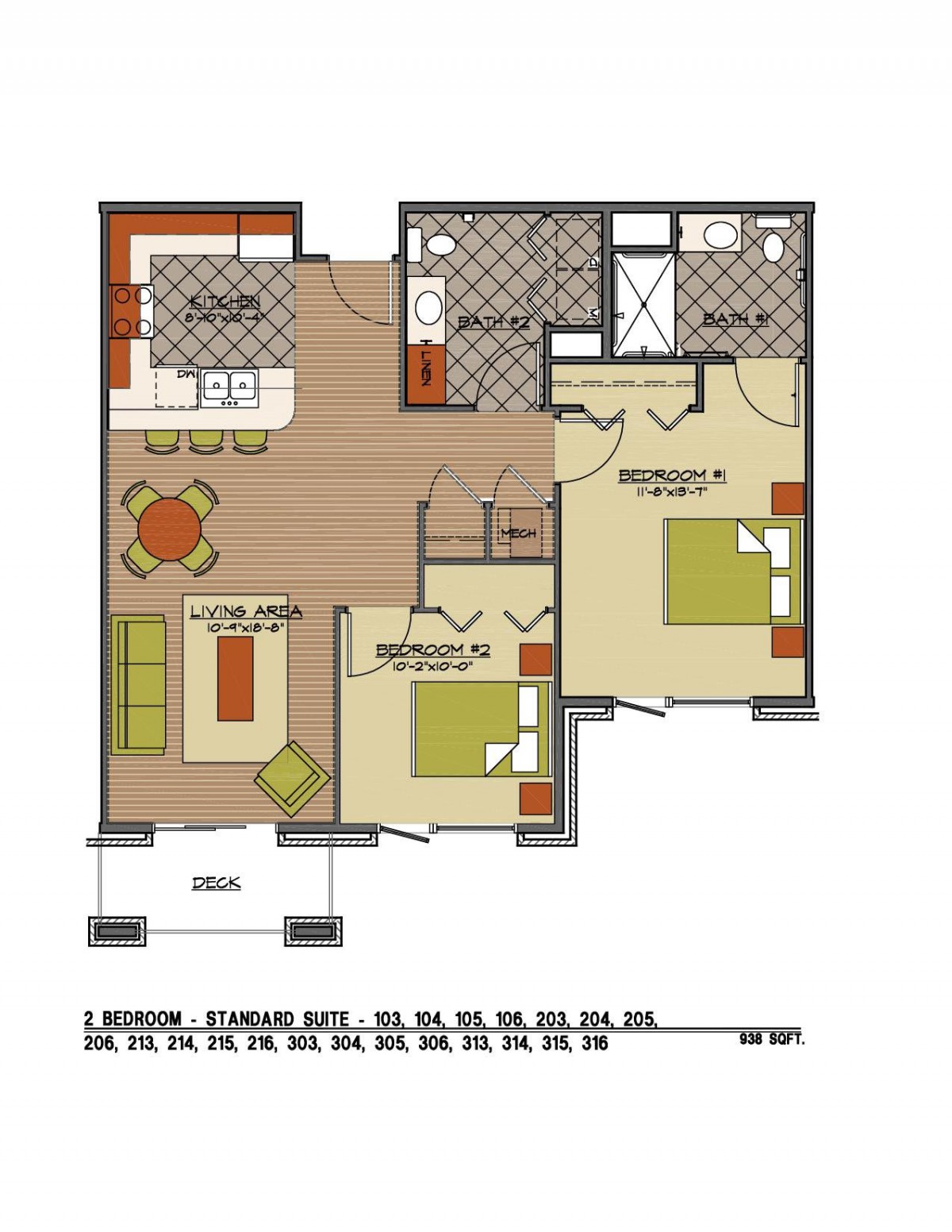 A floor plan of a two-bedroom apartment with designated areas for a living room, kitchen, and bathroom.