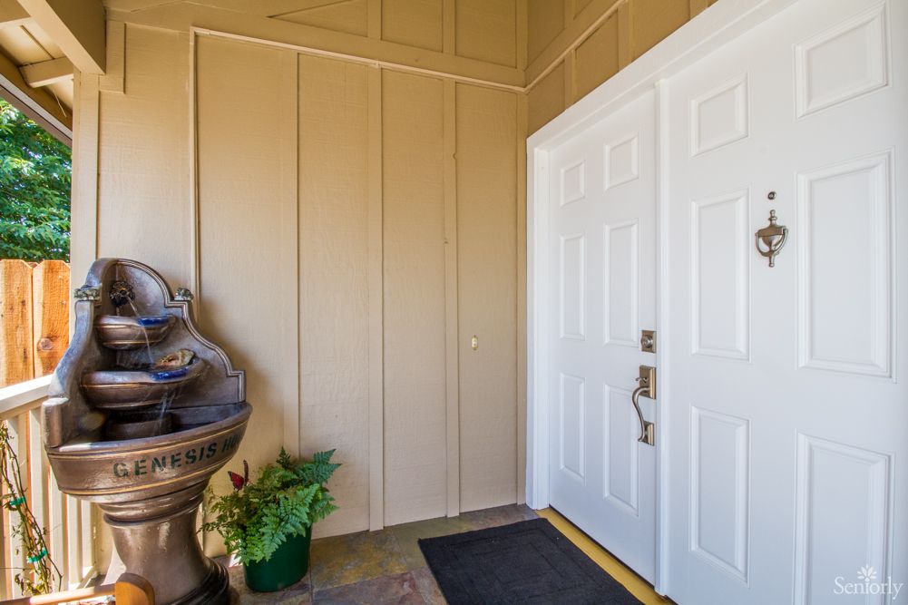 A welcoming entrance with a double door, potted plant, and decorative elements.