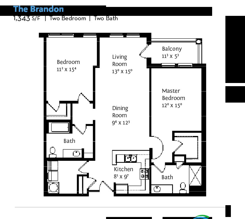 A floor plan of a two-bedroom, two-bathroom apartment with living and dining areas.