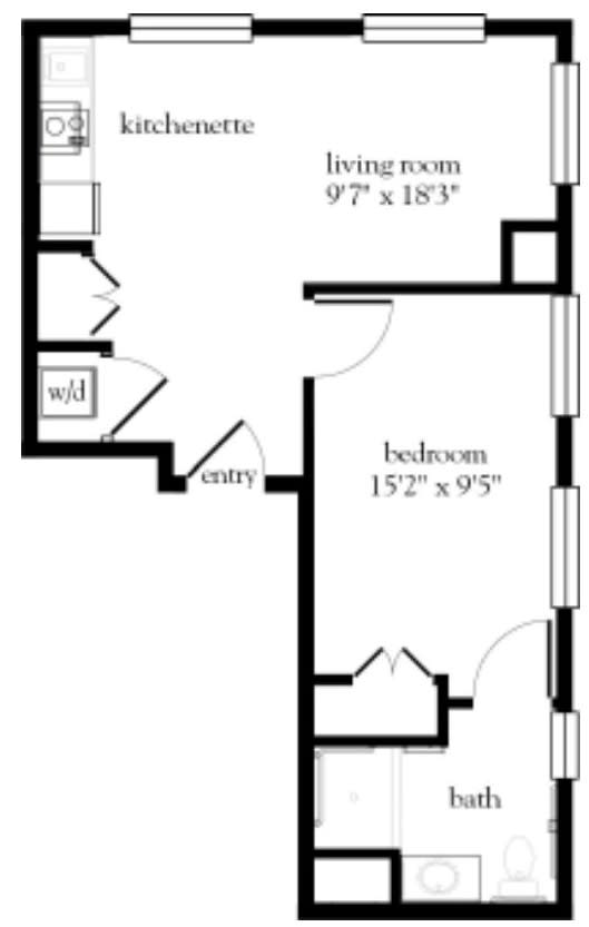 A floor plan of a one-bedroom apartment with a living room, bedroom, entryway, and walk-in closet.