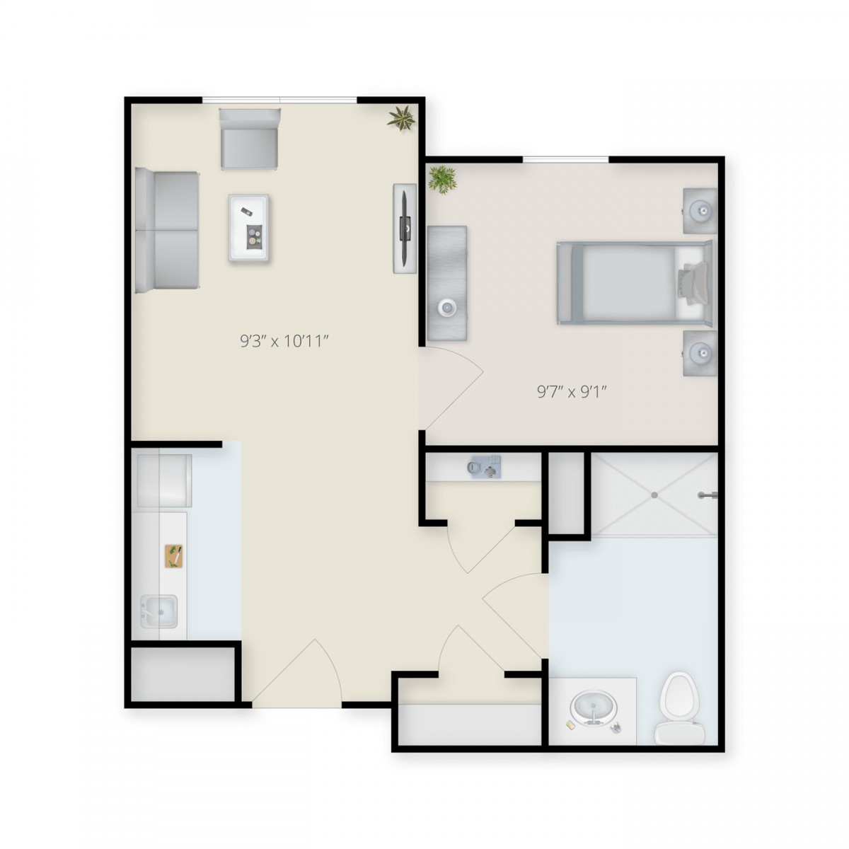 A floor plan of a one-bedroom apartment featuring a kitchen, living area, and bathroom.