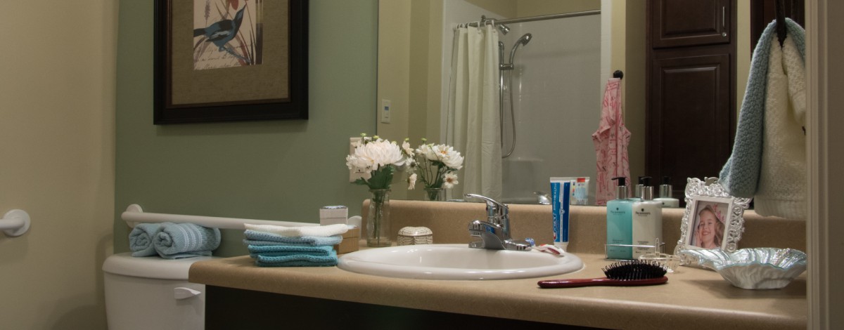 A tidy bathroom with a sink, mirror, and decorative flowers.
