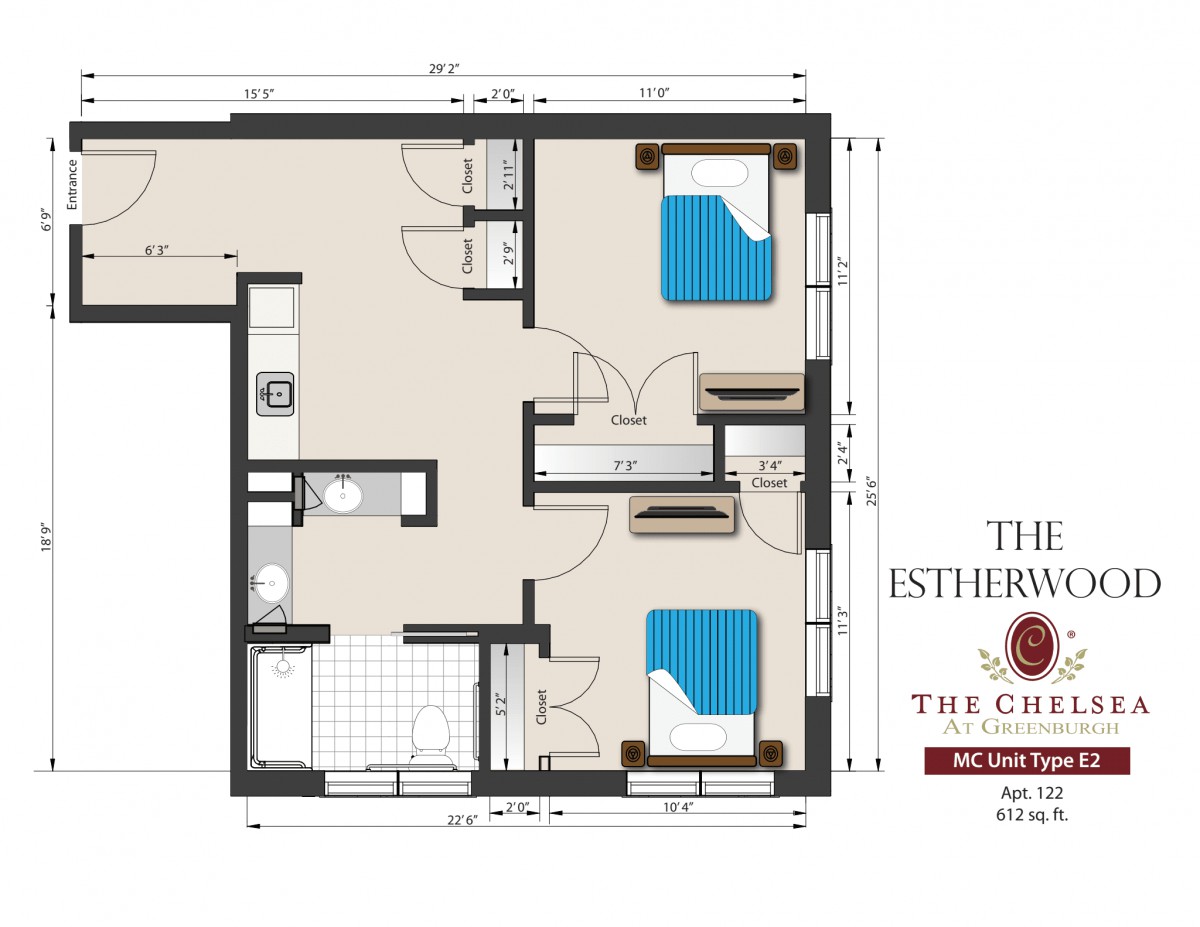 A detailed floor plan of a two-bedroom apartment.
