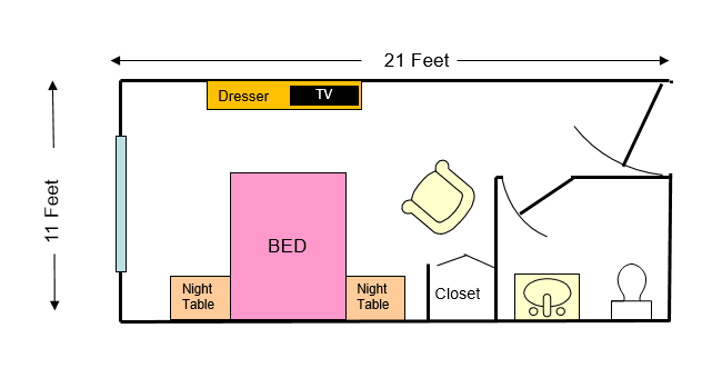 A simple bedroom floor plan showing the placement of furniture including a bed, night tables, a dresser with TV, and a chair.