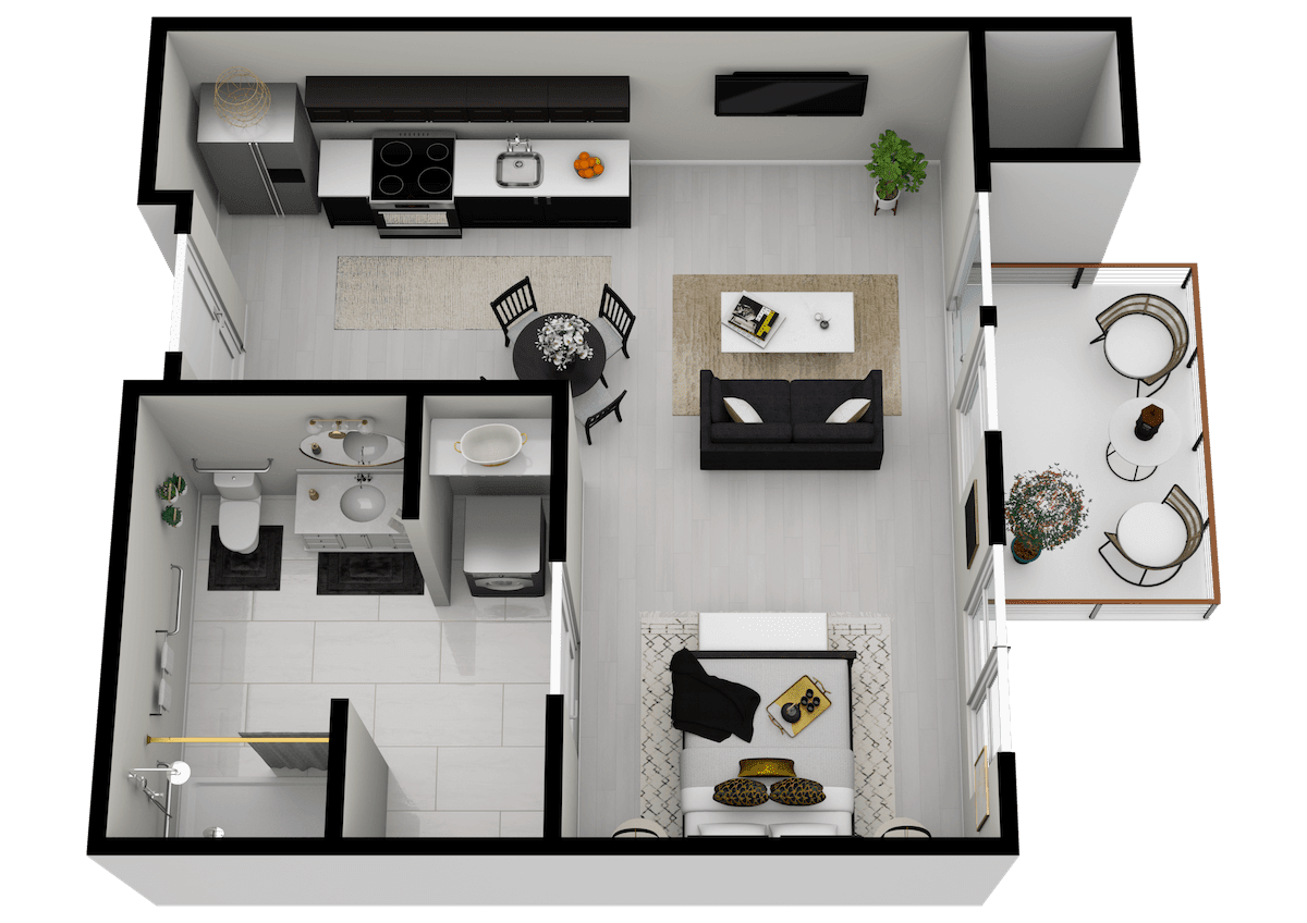 A 3D floor plan of a modern apartment featuring a living room, kitchen, bathroom, and bedroom.
