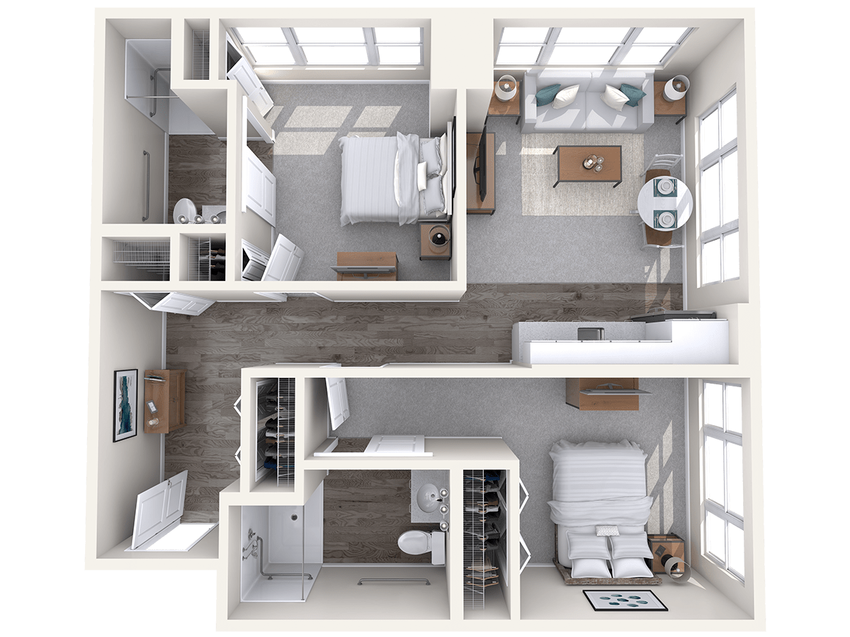 A detailed floor plan of a modern two-bedroom apartment featuring a kitchen, living area, and bathrooms.