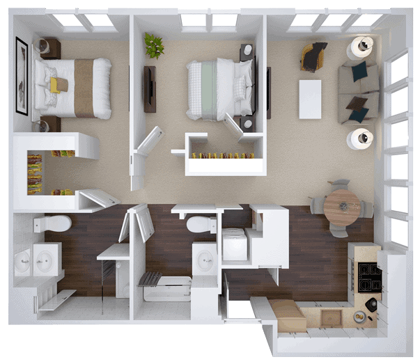 A top-down view of a two-bedroom apartment floor plan with a living room, kitchen, and bathrooms.