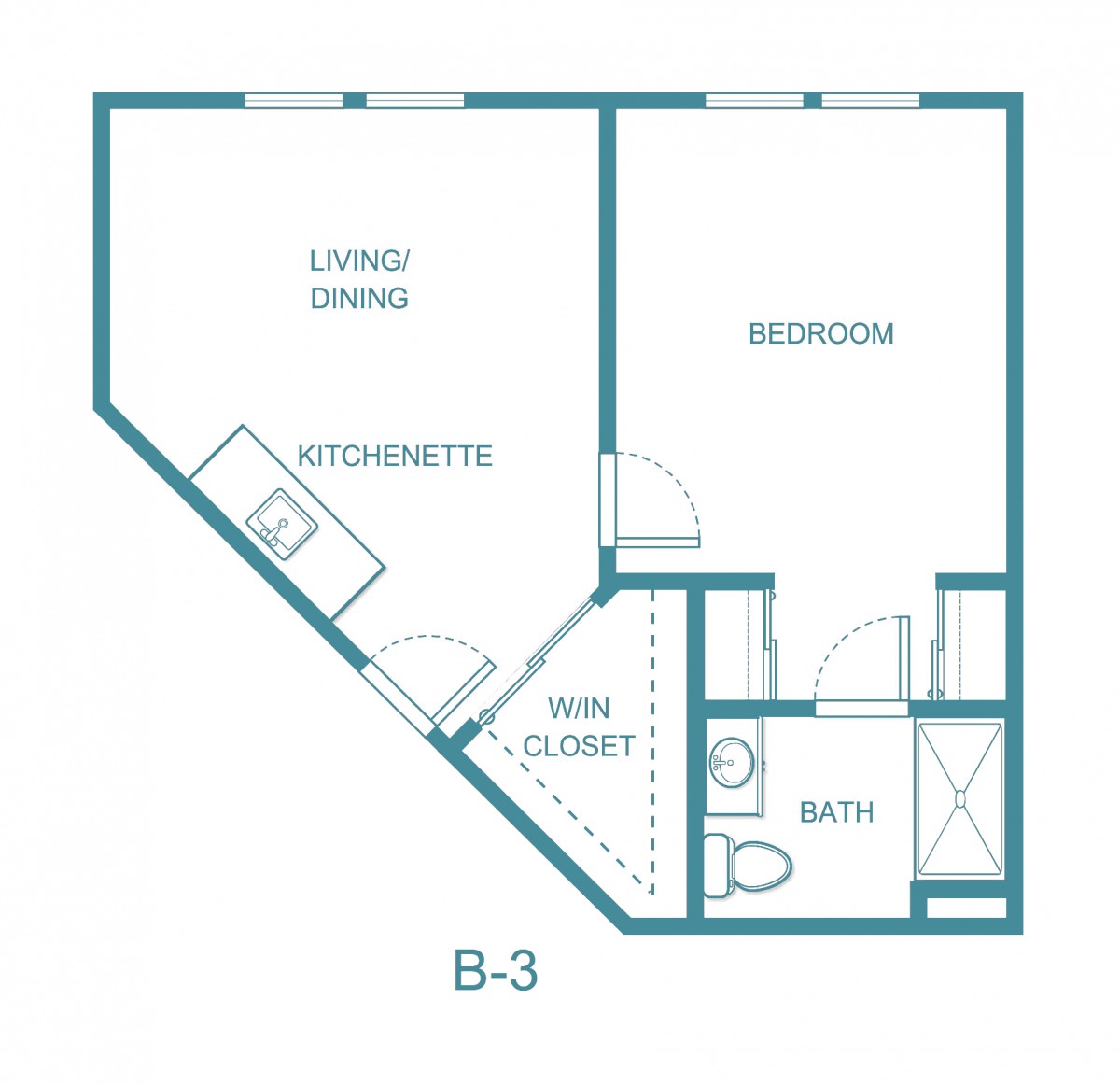 Floor plan of a one-bedroom apartment with kitchenette and bath.